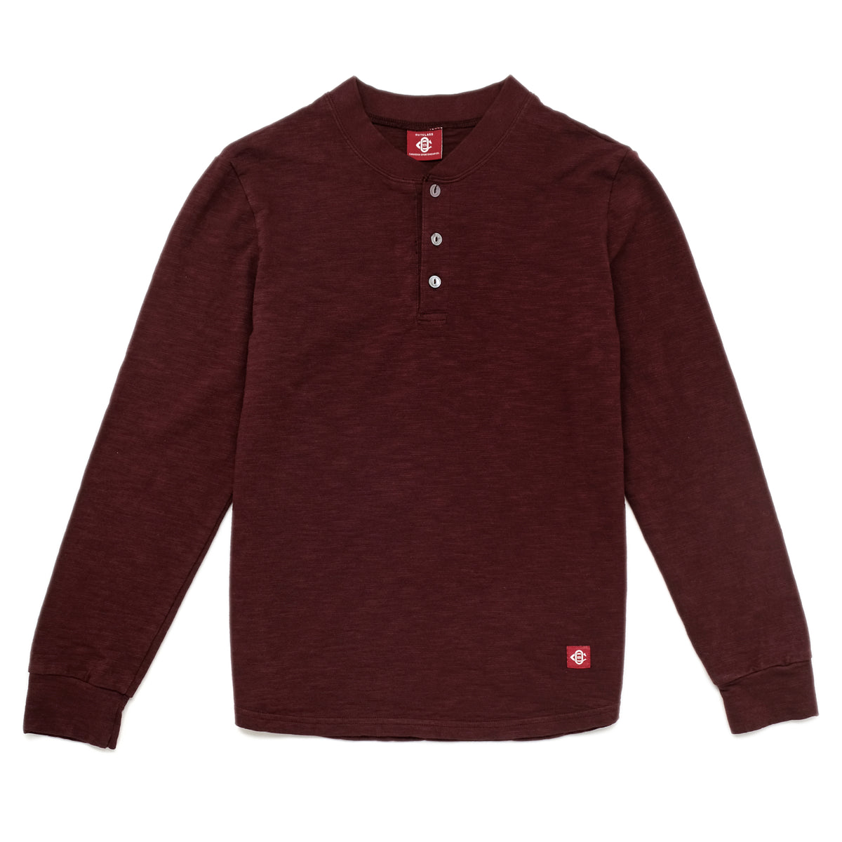 Maroon long-sleeve henley shirt with button placket and ribbed cuffs