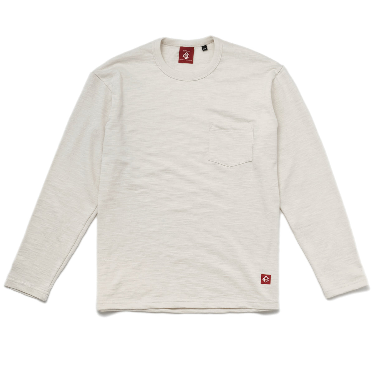 Ecru long-sleeve pocket T-shirt with crew neck and slub texture
