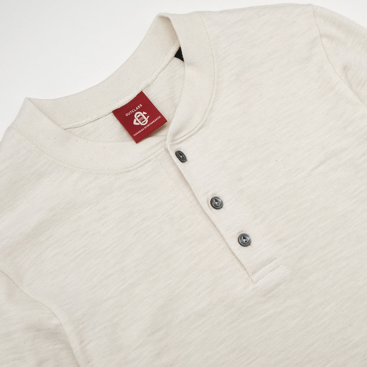 Ecru henley long-sleeve shirt with buttoned V-notch placket