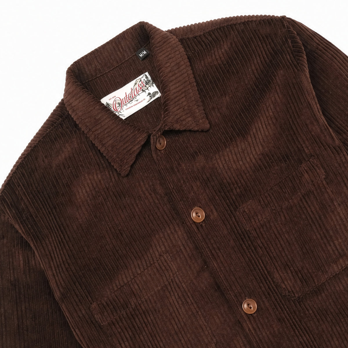 Mocha brown corduroy club shirt with contrast fuzzy collar and metal button placket
