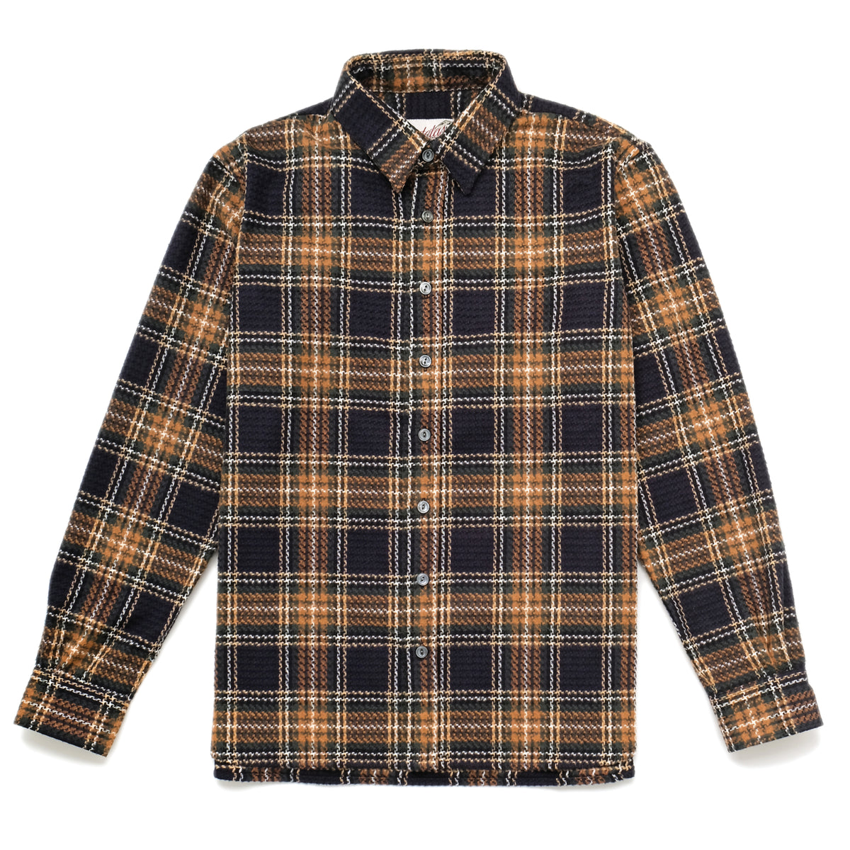 Plaid flannel easy shirt with button front, long sleeves, navy and tan with orange lines