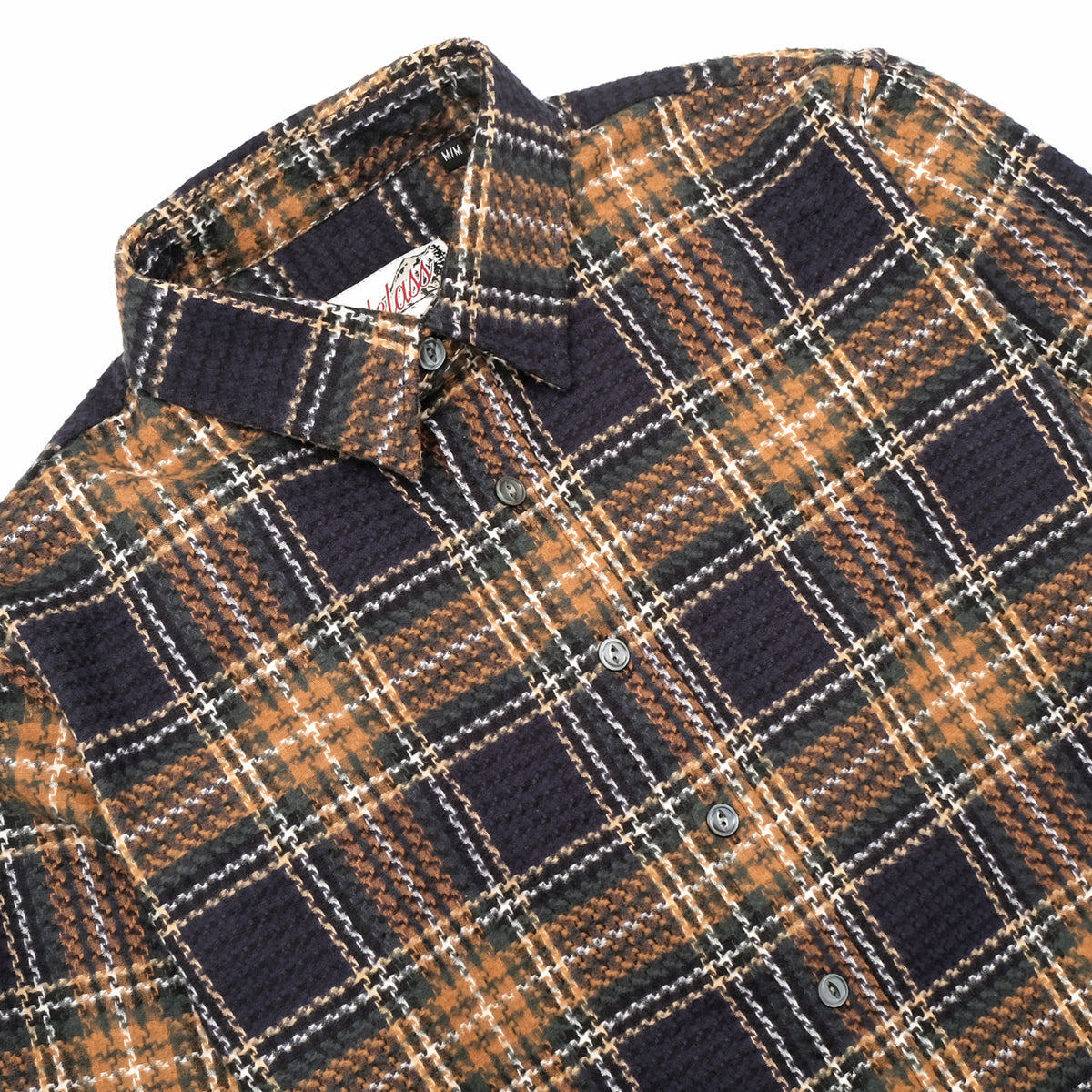 Tartan plaid easy shirt collar with snap button placket, navy with tan and orange checks