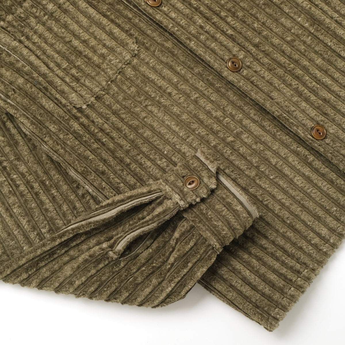 Olive corduroy club shirt with button placket detail, chest pocket flap, brown buttons