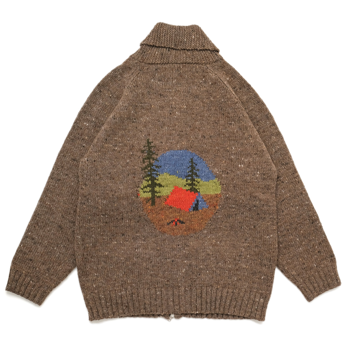 Brown knit full-zip cardigan with camp scene embroidery on the back