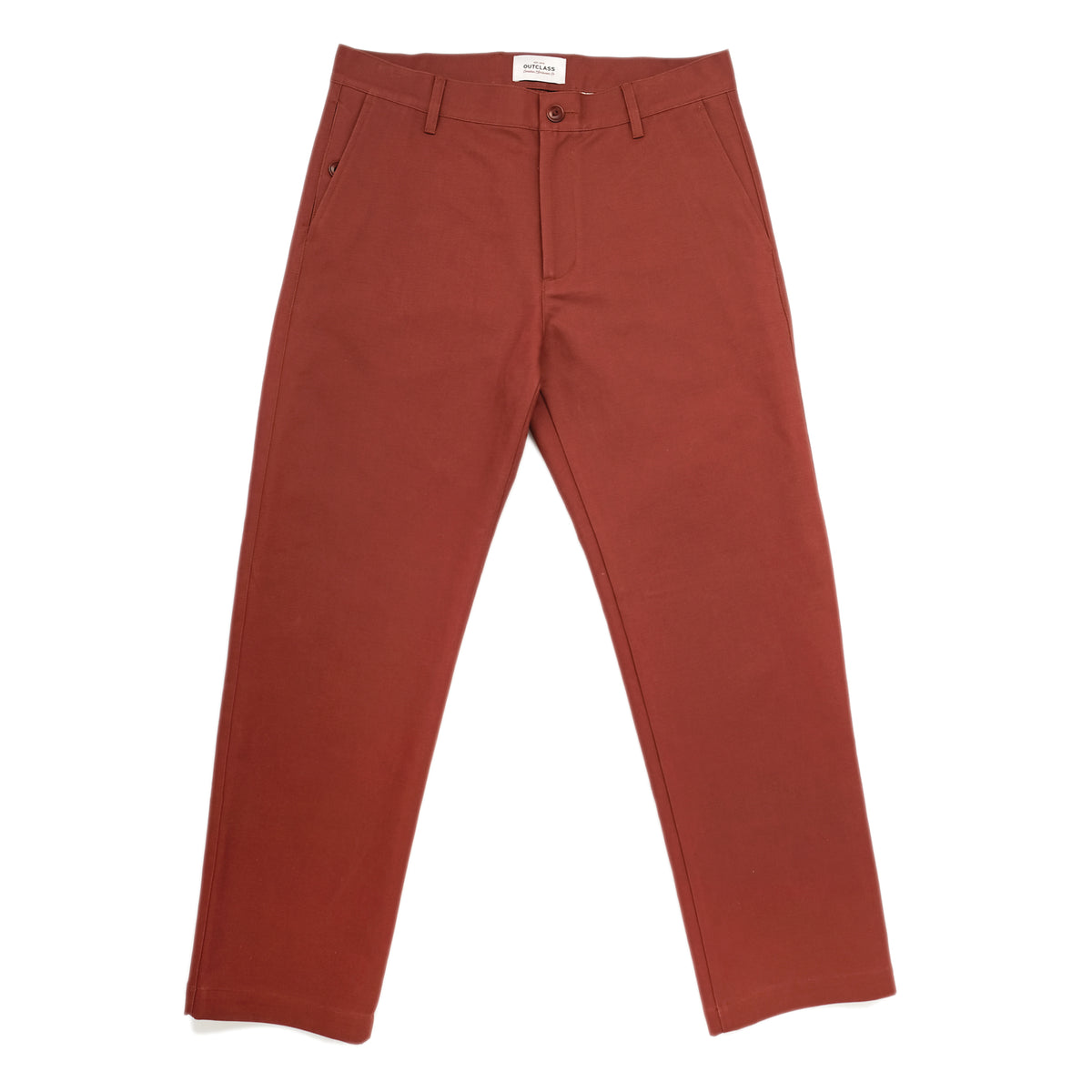Brick moleskin engineer pants in brick red, straight leg with belt loops and button fly