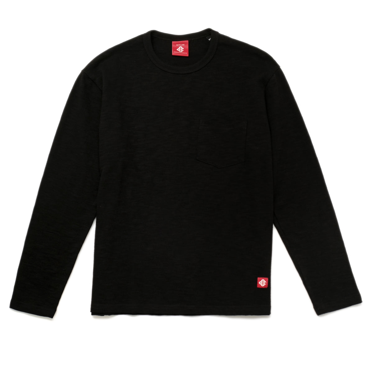 Black slub long-sleeve pocket T-shirt with crew neck