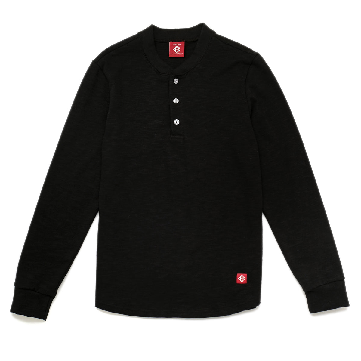 Black slub long-sleeve henley shirt with three-button placket and solid ribbed cuffs