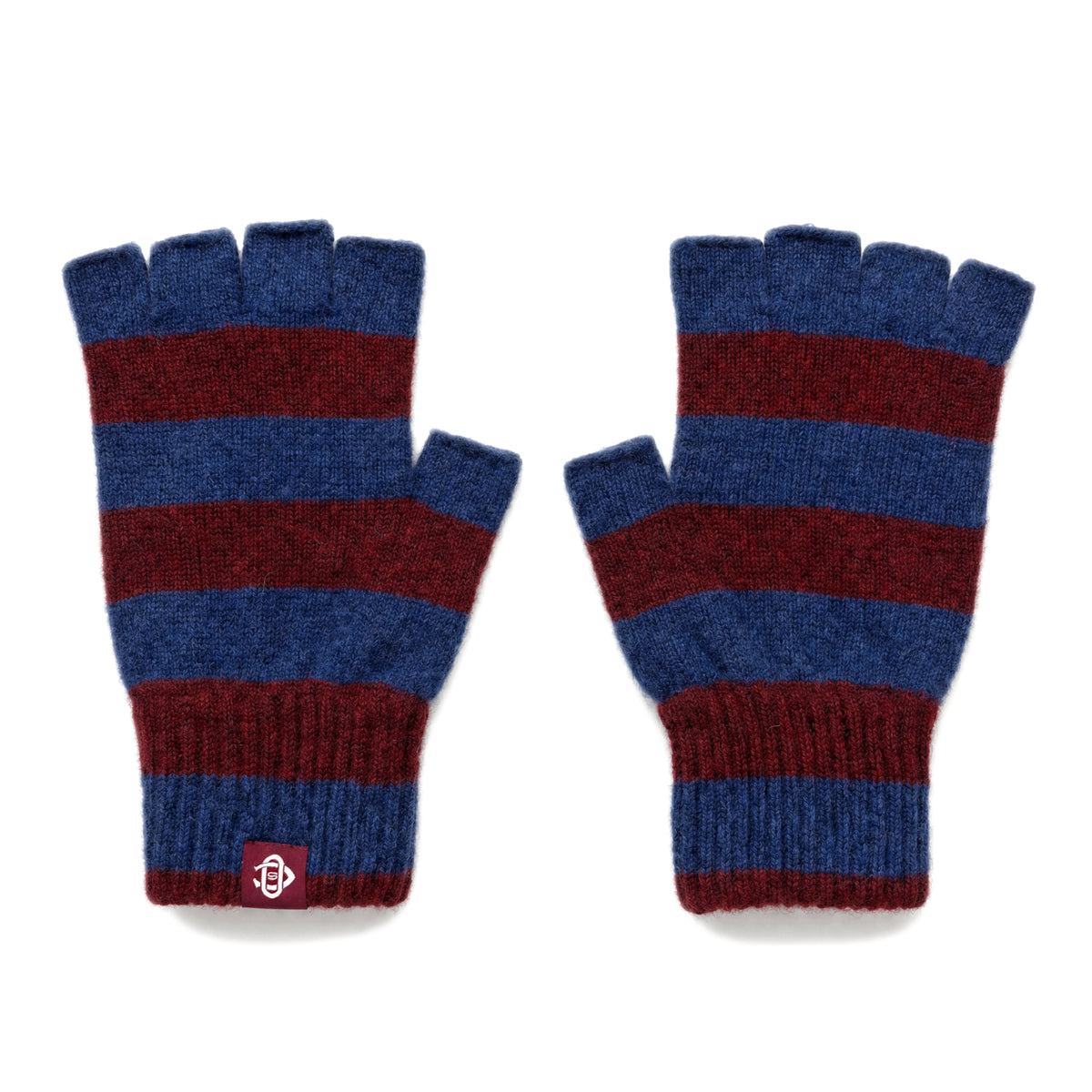 Striped wool fingerless gloves in blue and burgundy with ribbed cuffs