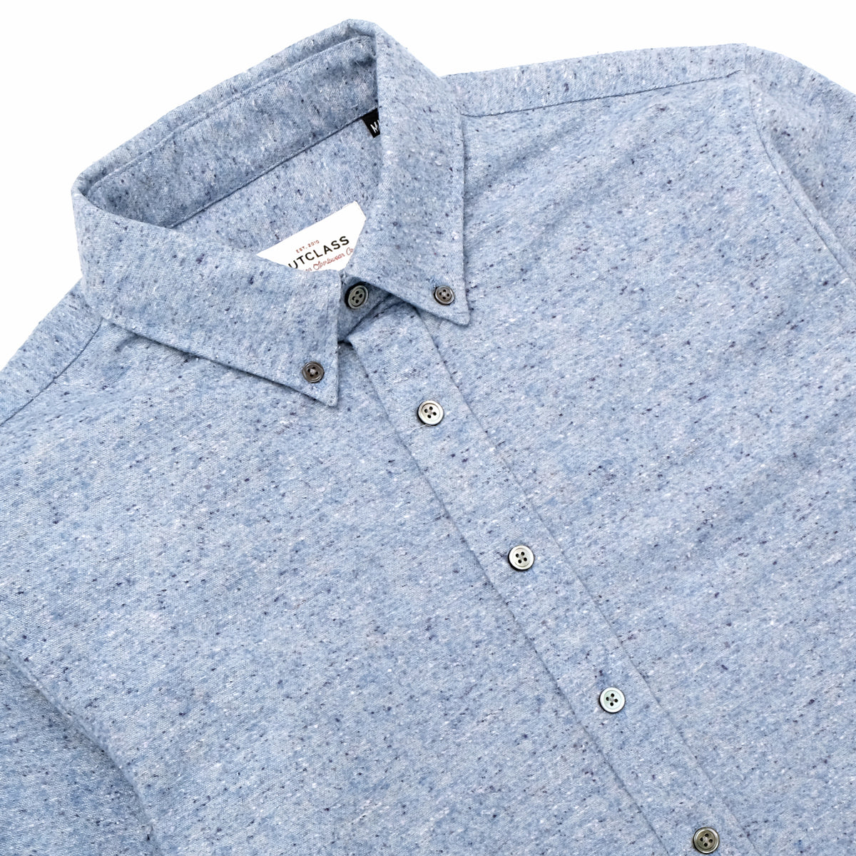 Light blue fleck flannel button-up shirt, chest pockets and front placket with buttons