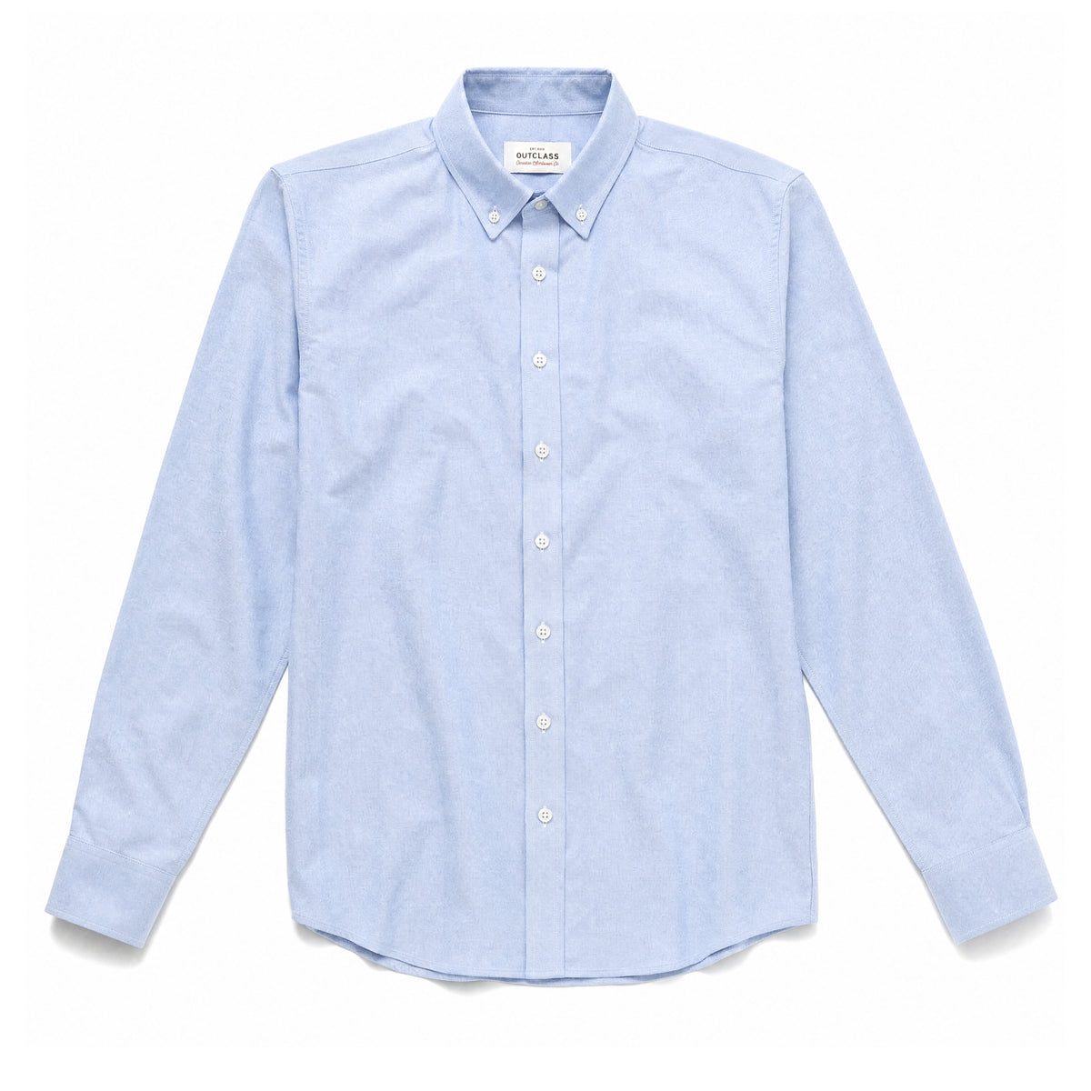 Light blue Oxford button-up shirt with point collar and front placket