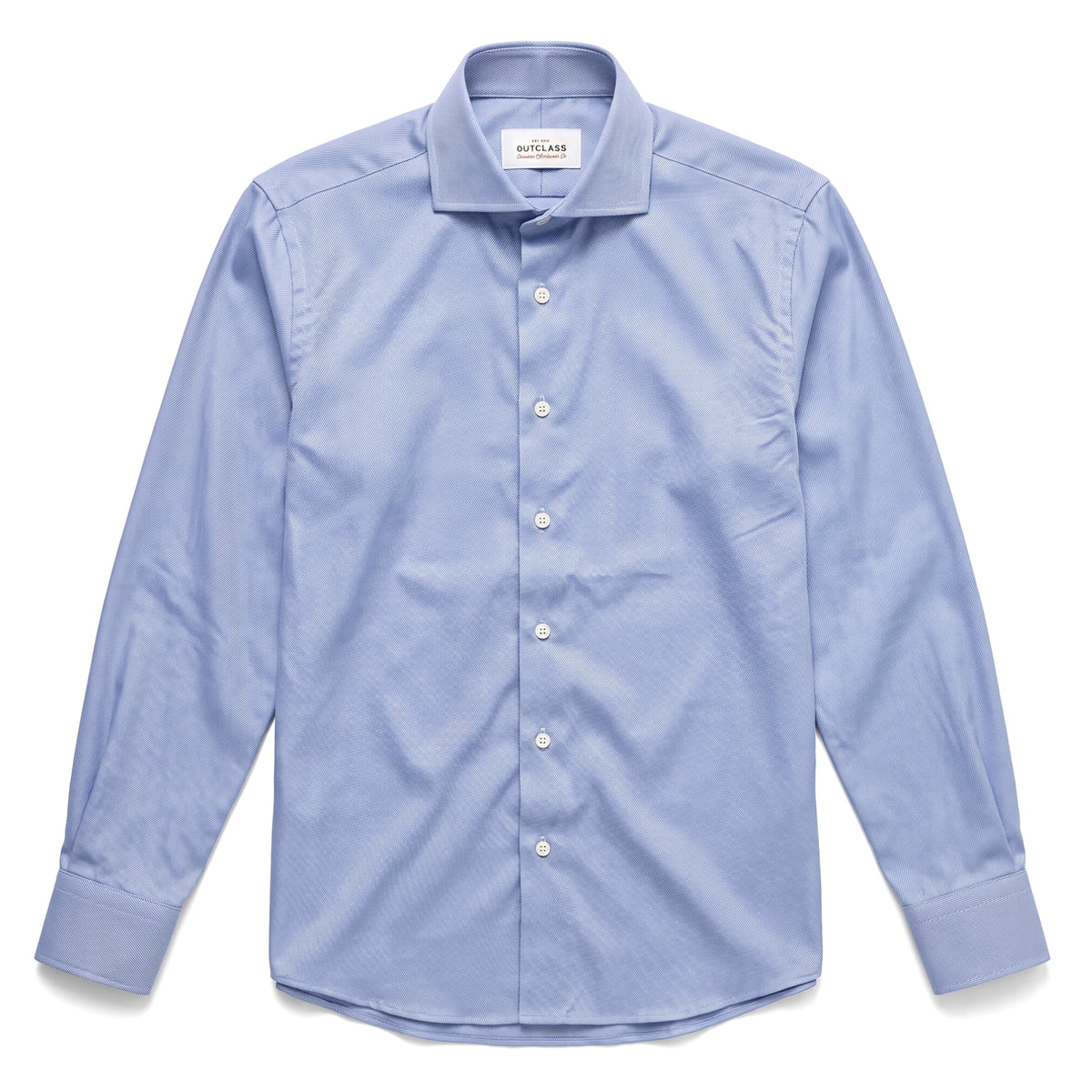 Blue twill dress shirt with spread collar and button front