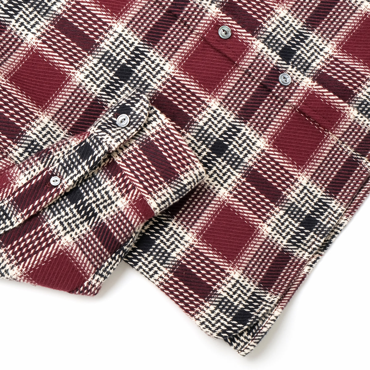 Maroon plaid shirt with button placket, collar, and long cuffed sleeves