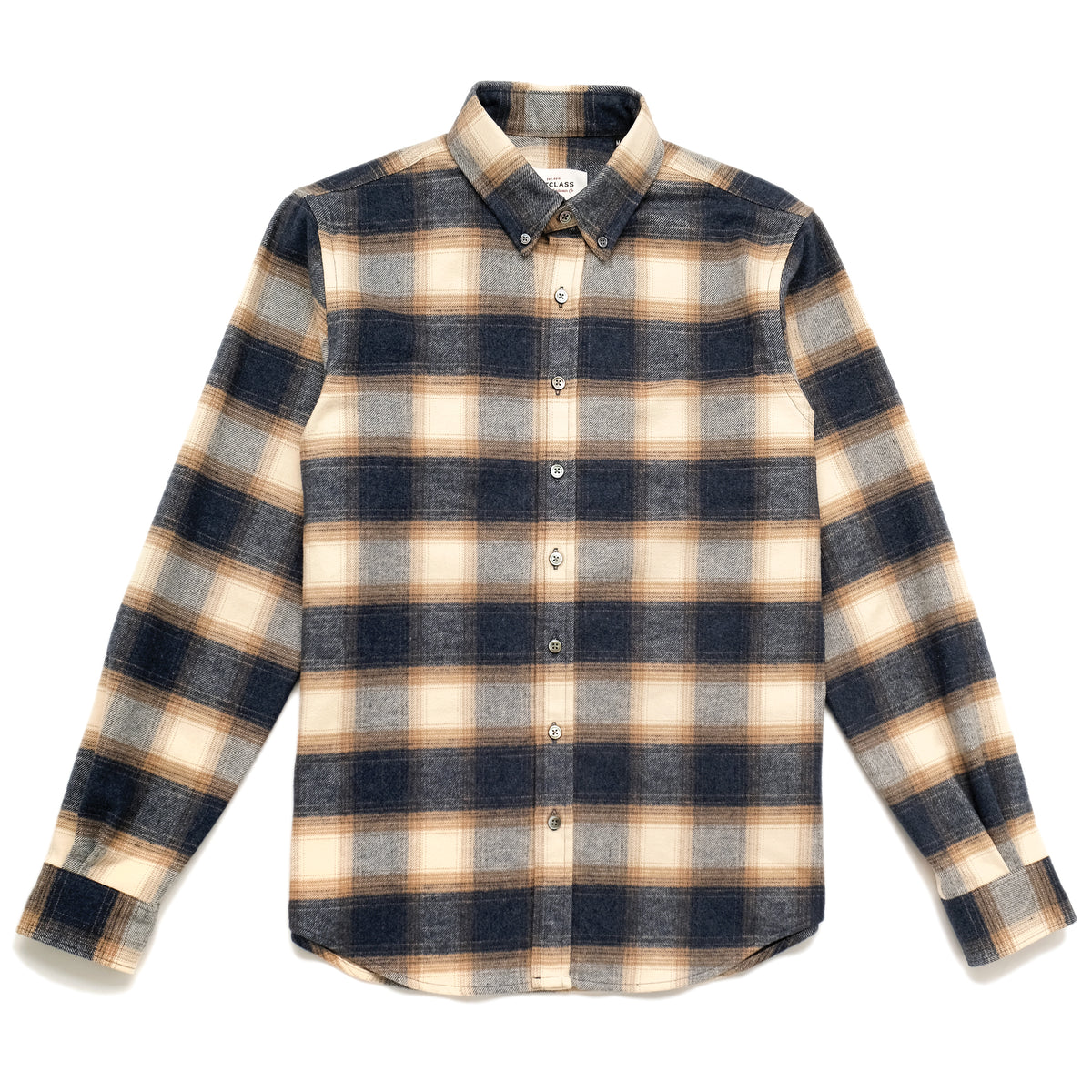 Blue and cream plaid flannel button-up shirt with pointed collar