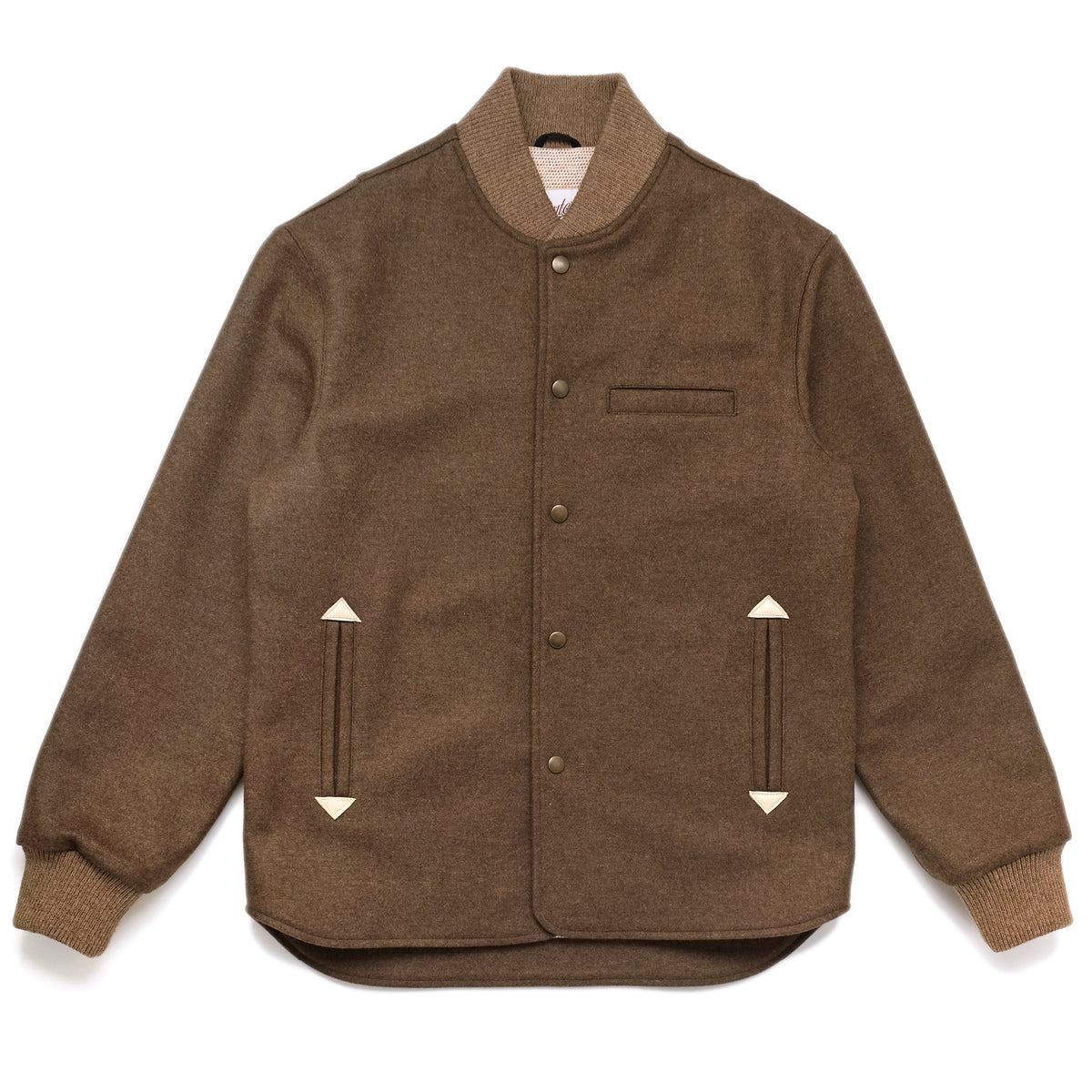 Hazel stadium jacket in brown with snap-button front and ribbed cuffs and hem