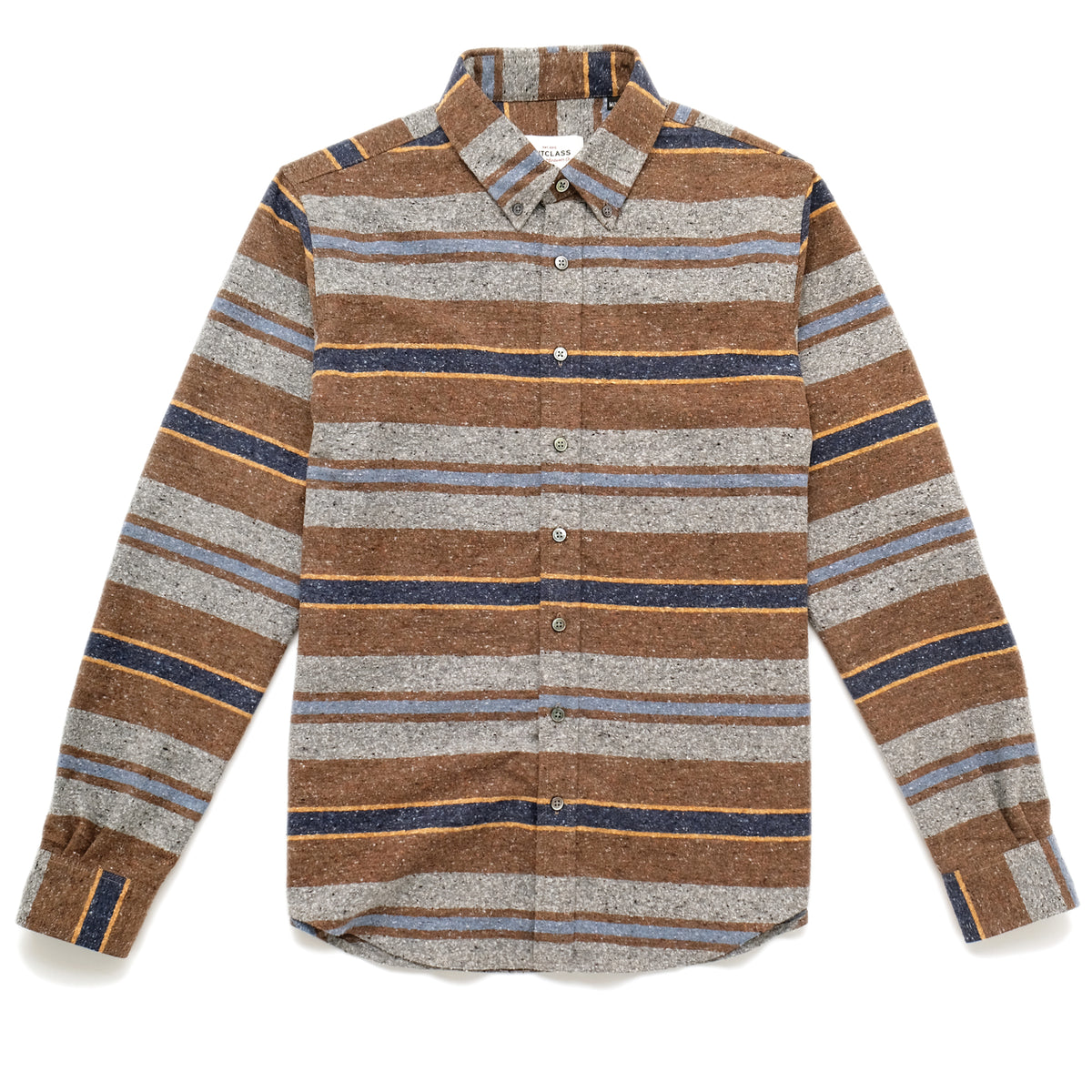 Striped button-up long-sleeve shirt with pointed collar and brown, gray, blue lines