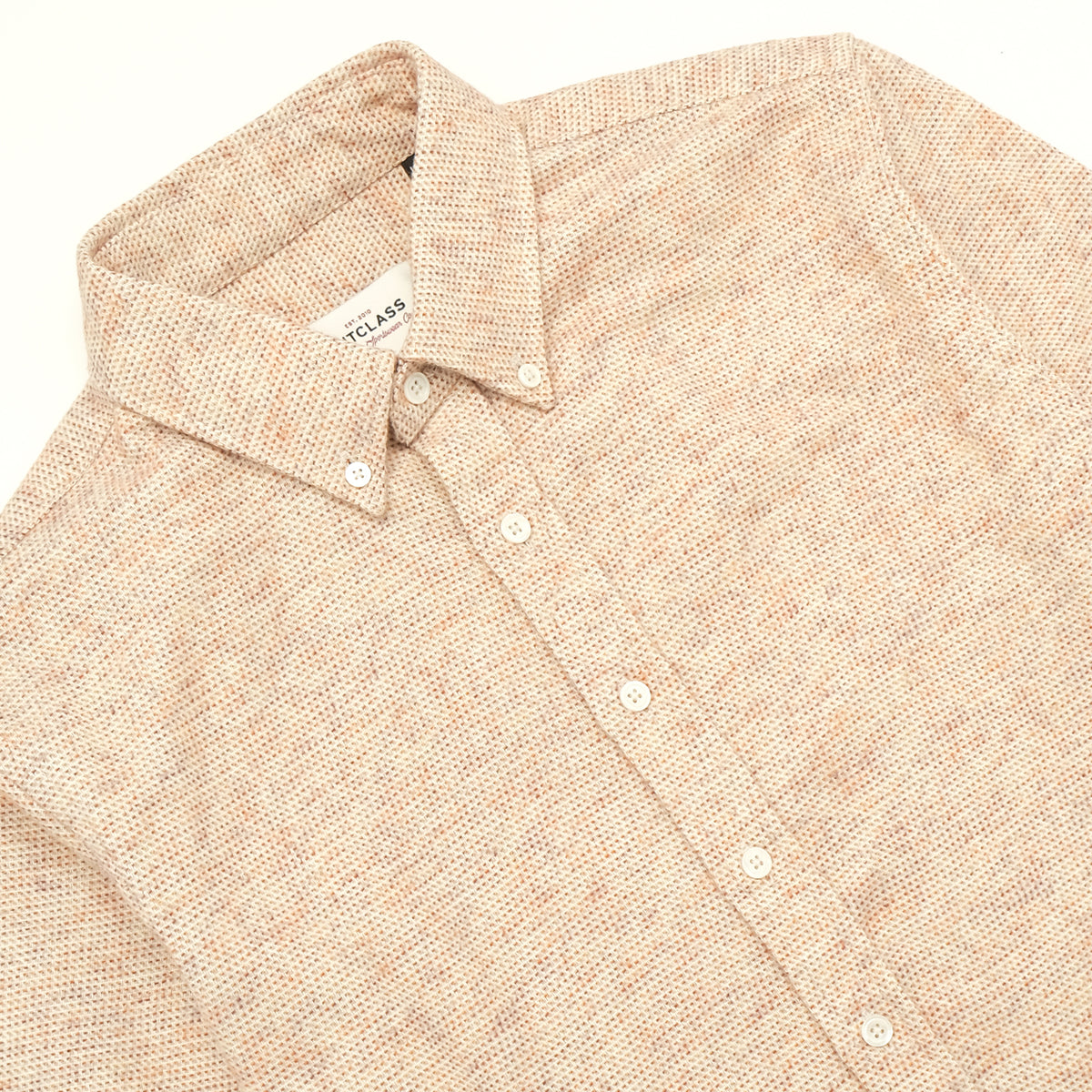 Ecru tweed flannel classic shirt with point collar and button placket