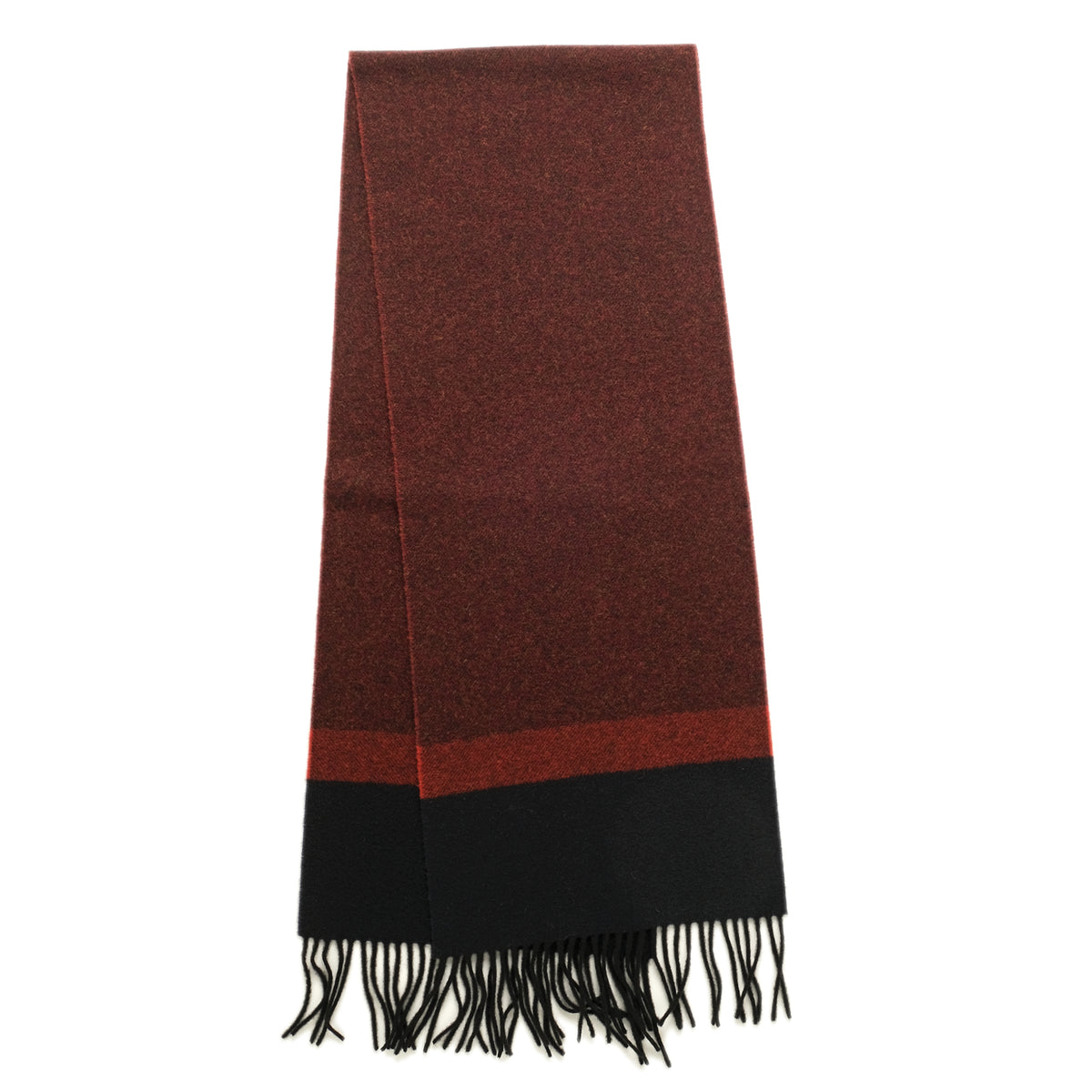 Maroon and black striped scarf with long fringe hem