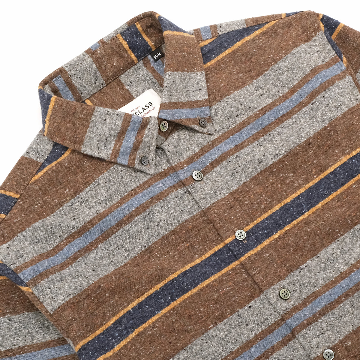 Striped button-up shirt, pointed collar and button placket in brown, gray, and blue