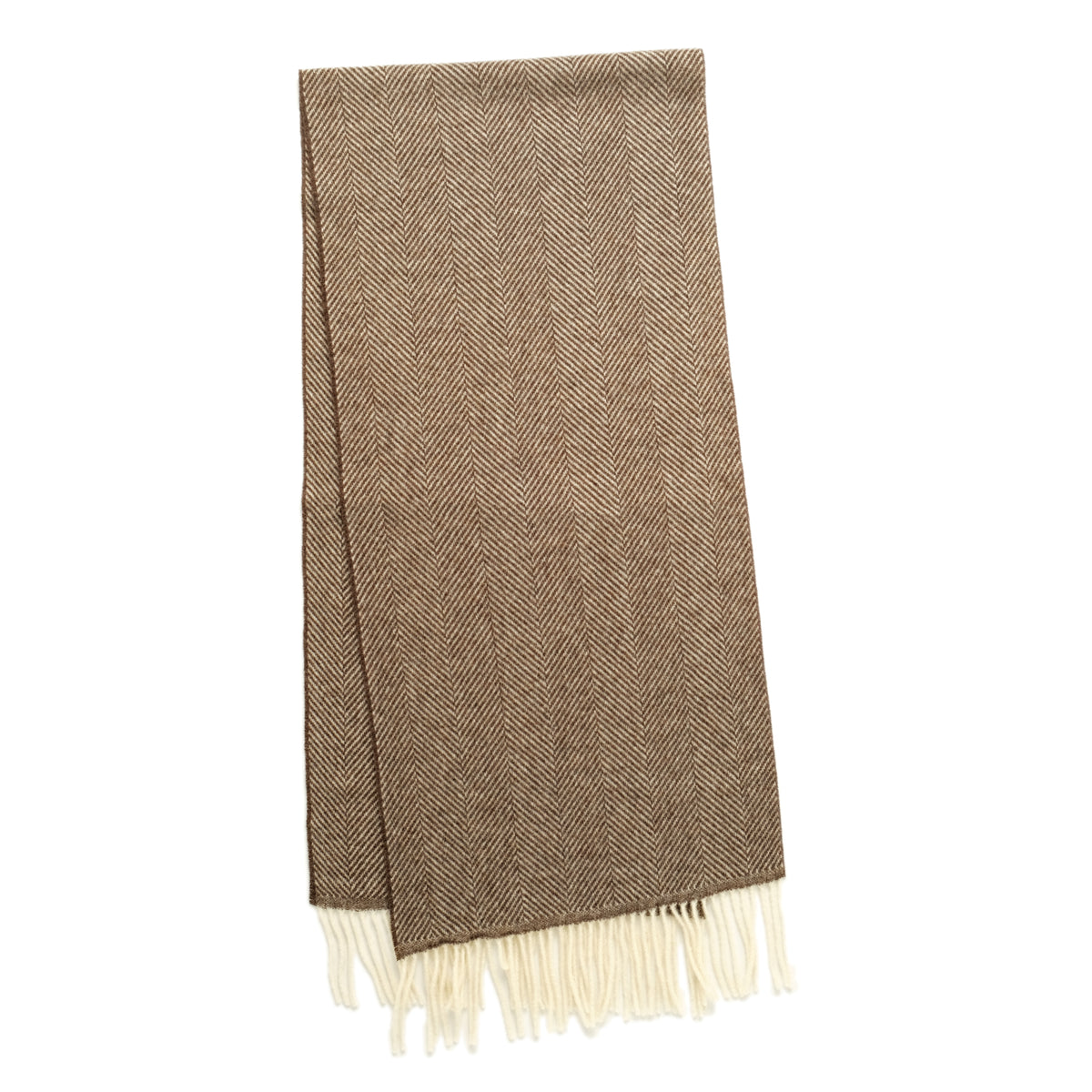 Herringbone scarf, taupe-brown zigzag weave with white fringe on hem