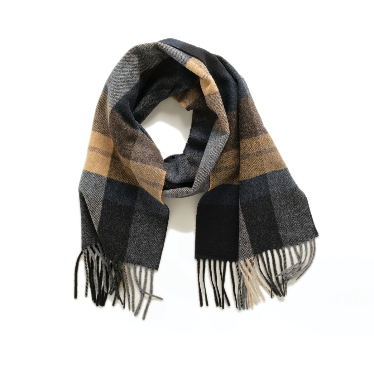 Plaid scarf in navy, tan, and gray with fringed ends, draped