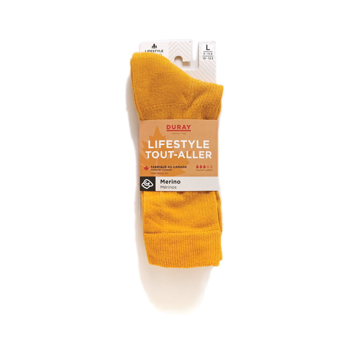 Yellow merino crew office socks, ribbed cuff, with size tag attached