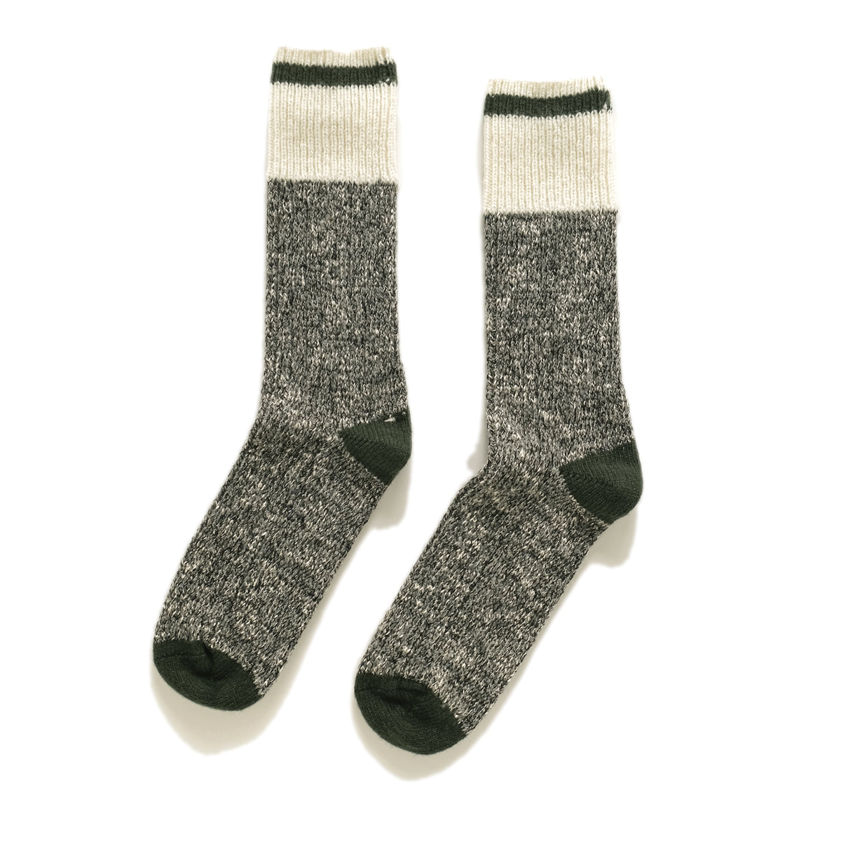 Marled wool crew camping socks, cream cuff with dark green and heather gray legs