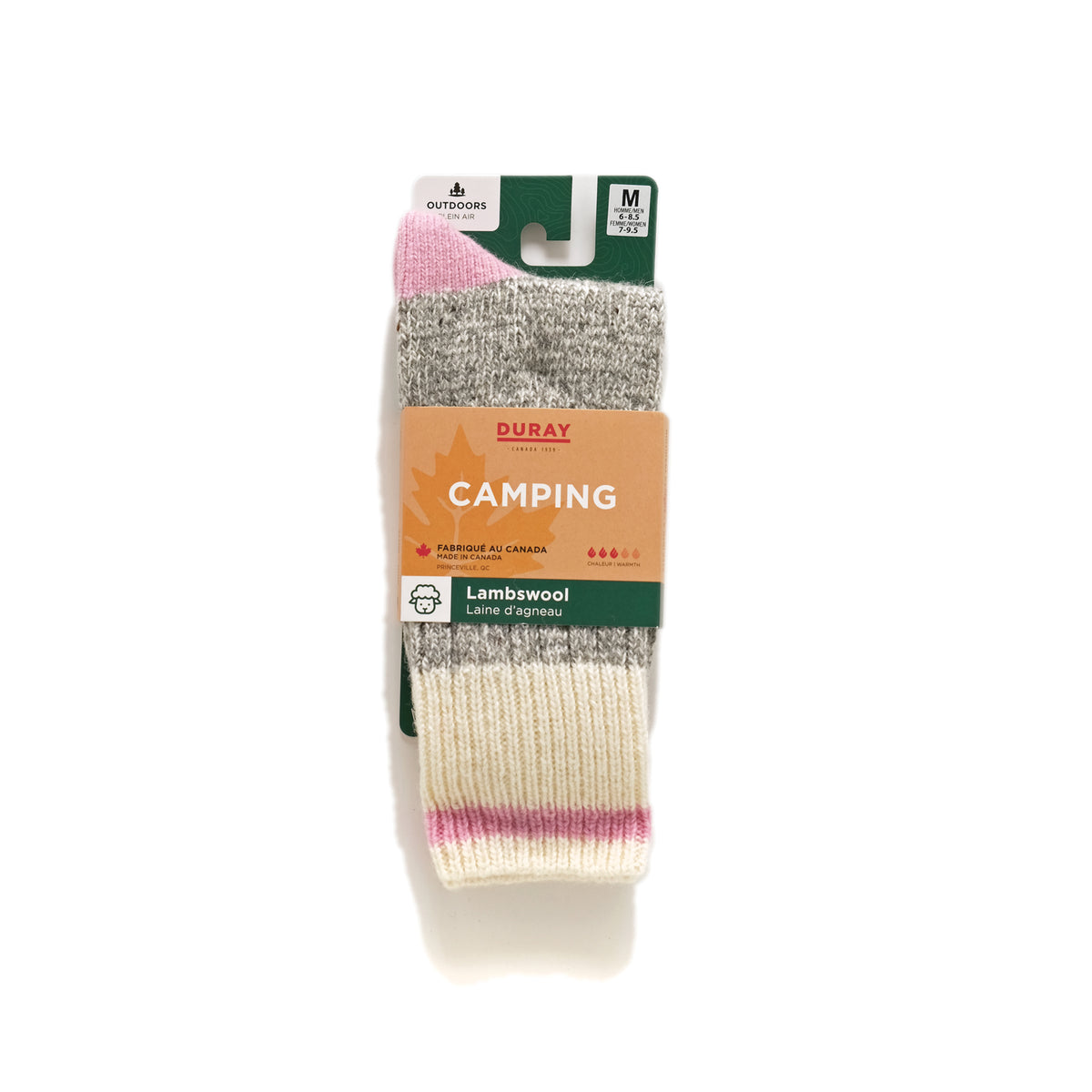 Packaged wool camping sock in gray with pink toe/heel and cream ribbed cuff, size M