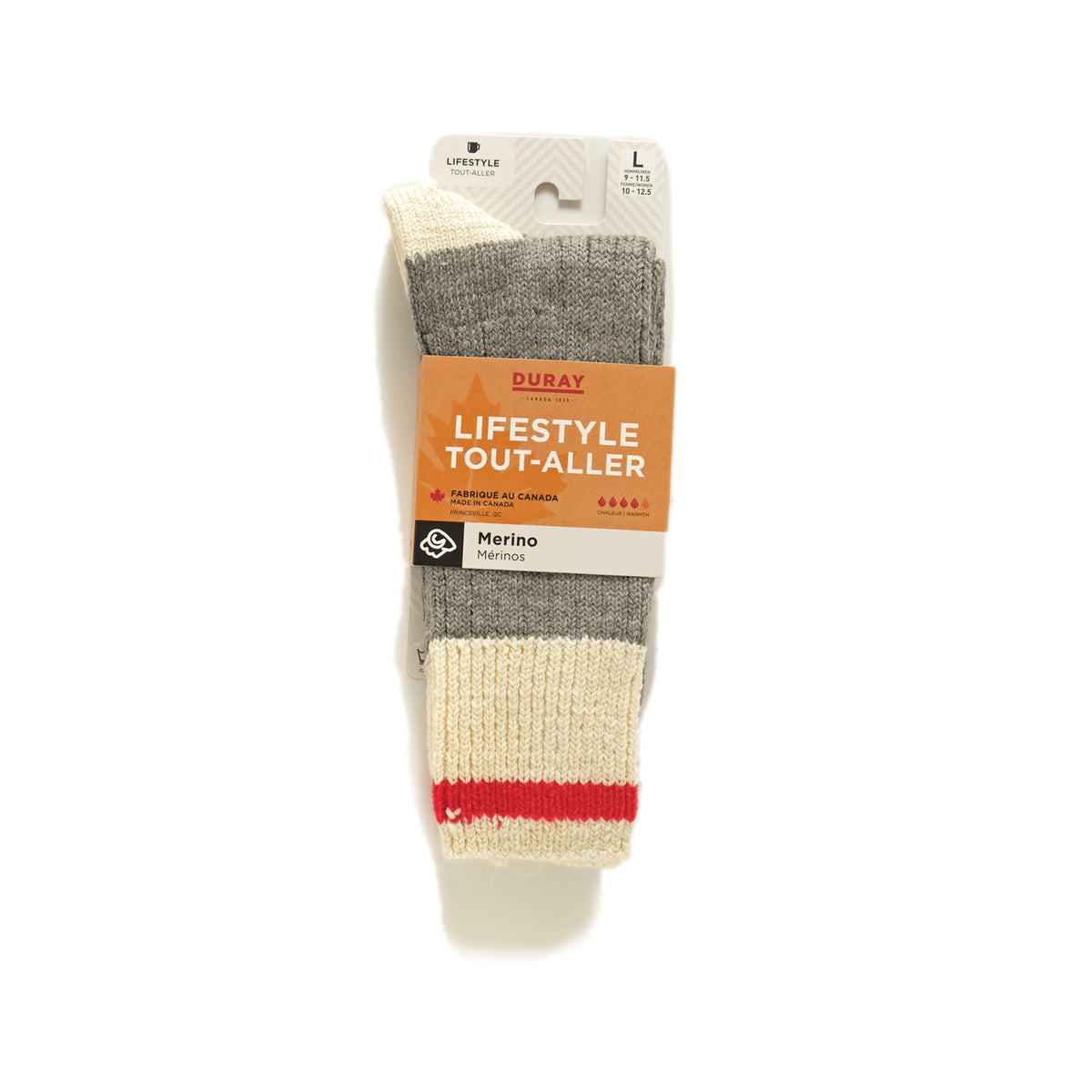 Merino wool lumberjack crew socks with red, gray, and cream striped bands