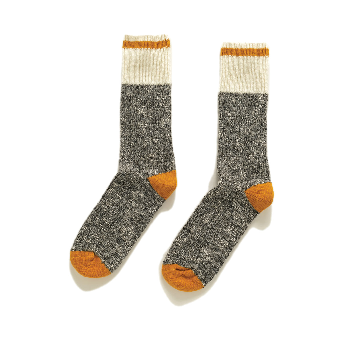 Marled wool camping socks in gray with cream cuff and orange heel and toe