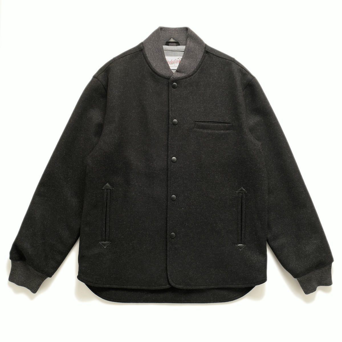 Charcoal stadium jacket with snap front, stand collar, and two front welt pockets