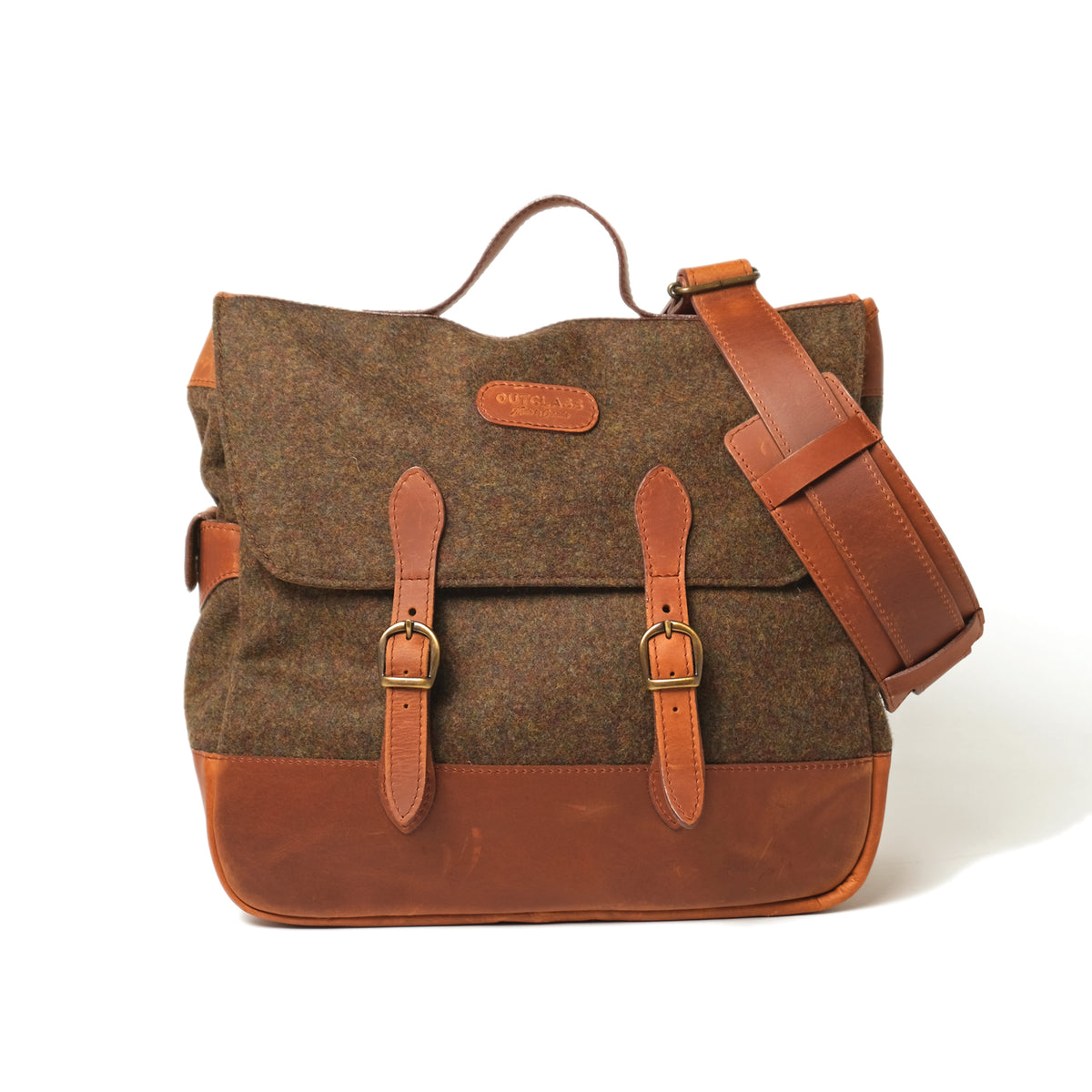Wool messenger bag with front flap, leather straps, and buckle details