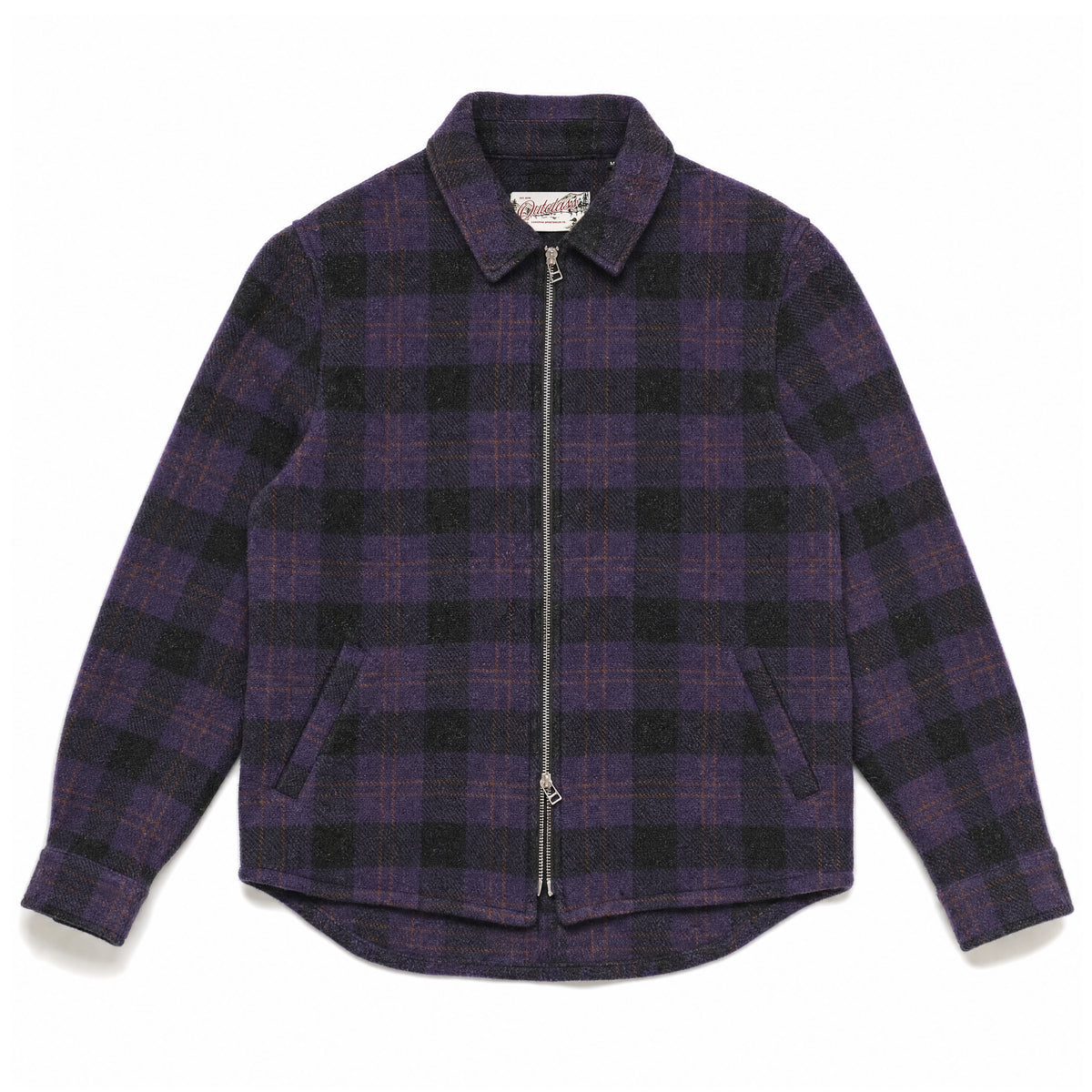 Plaid wool zip overshirt with spread collar, purple and dark grid pattern