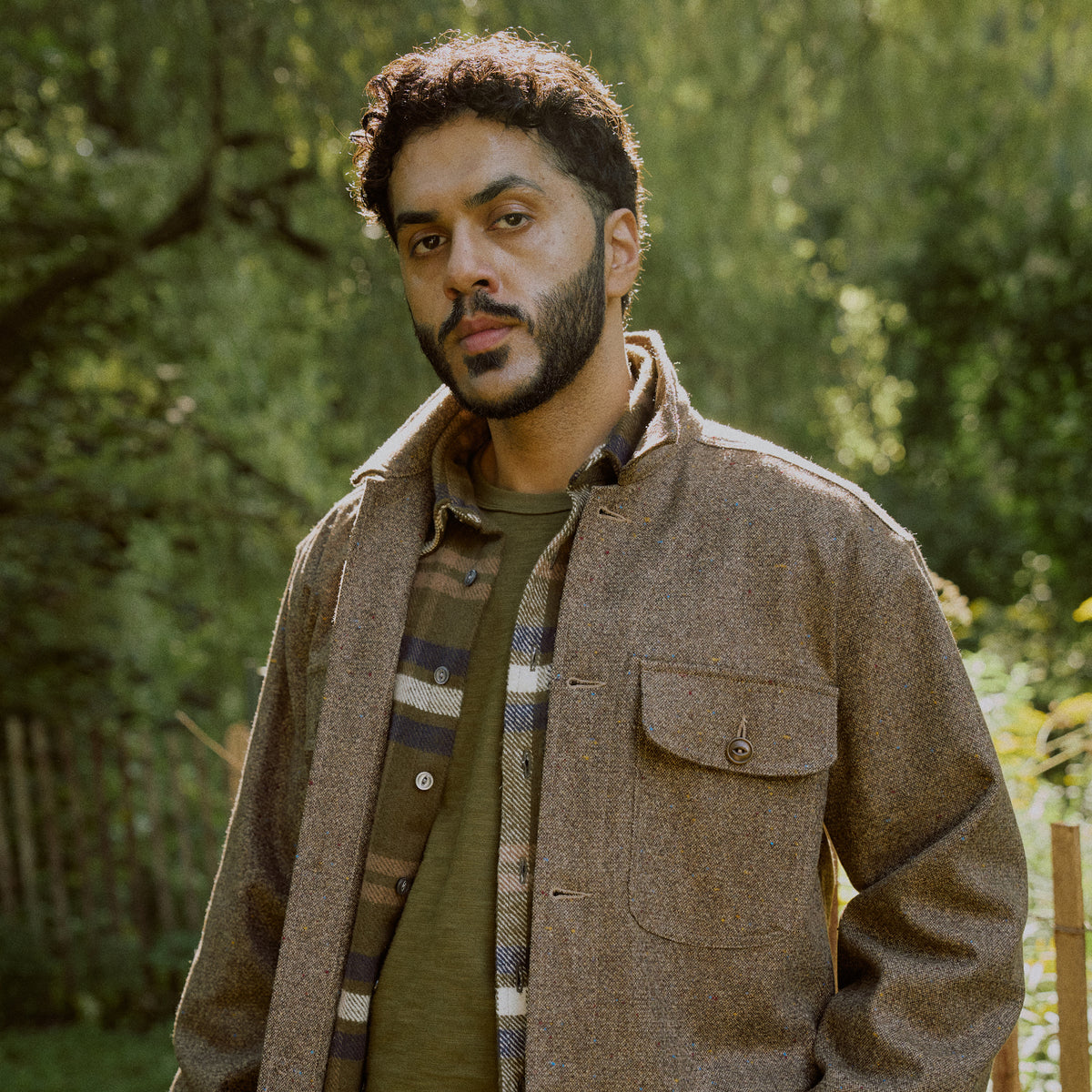 Hazel fleck wool camp shirt with button-front and chest pocket, long sleeves