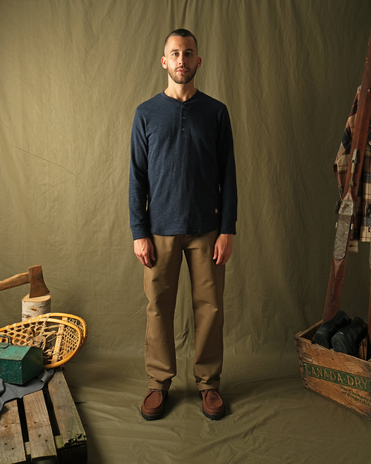 Navy double-slub long-sleeve henley shirt with 3-button placket