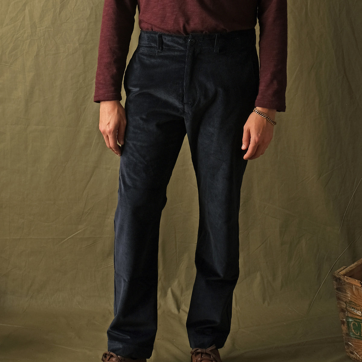Dark navy corduroy camp pants with straight leg, front pockets, belt loops
