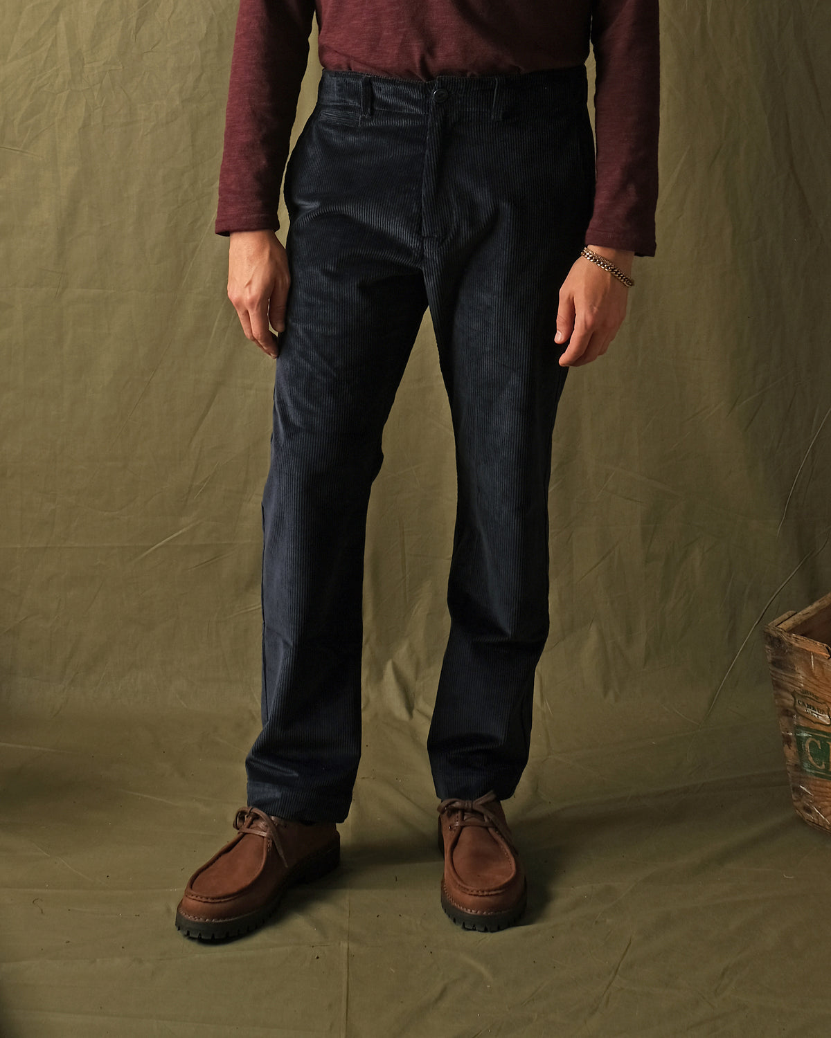 Dark navy corduroy camp pants with straight leg, front pockets, belt loops