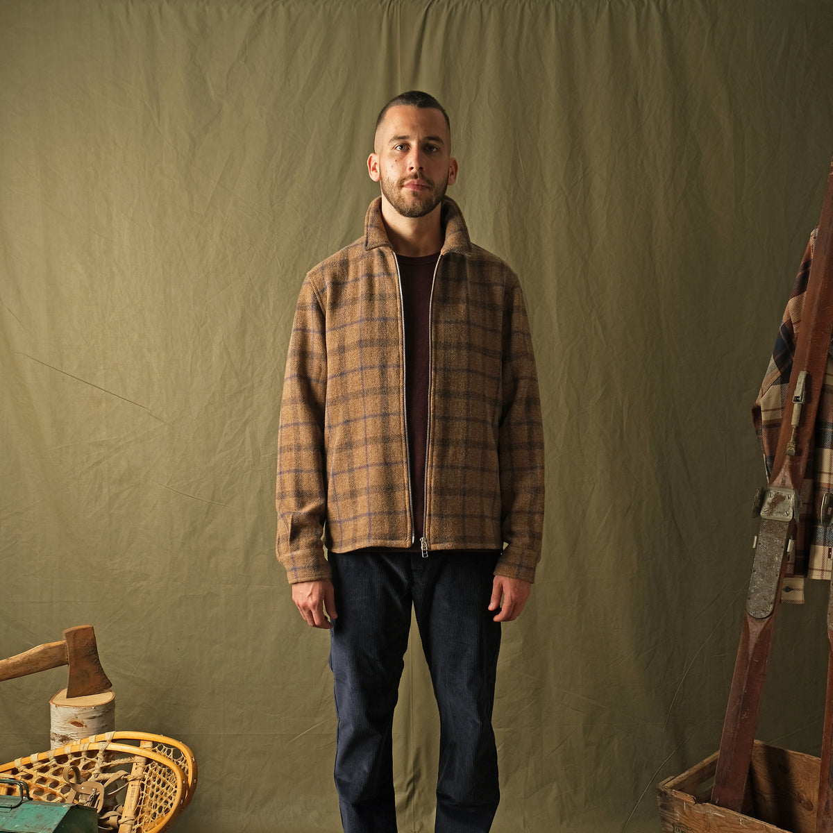 Wool plaid zip overshirt worn with dark jeans, stand collar and front metal zipper