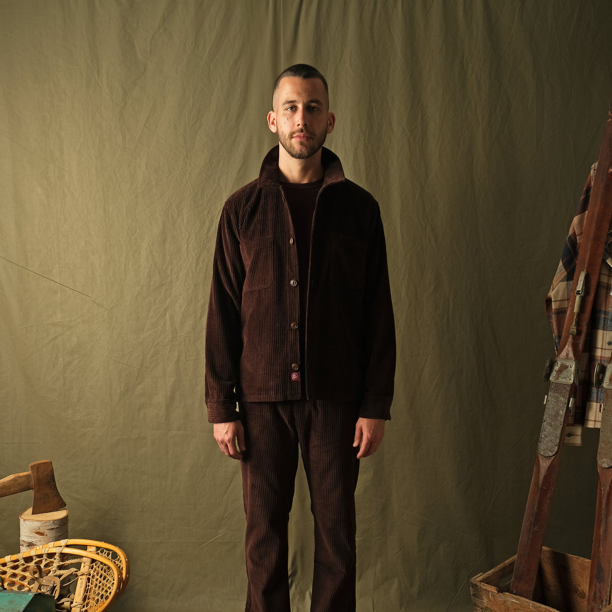Men's mocha brown corduroy club shirt with button front, standing collar, long sleeves