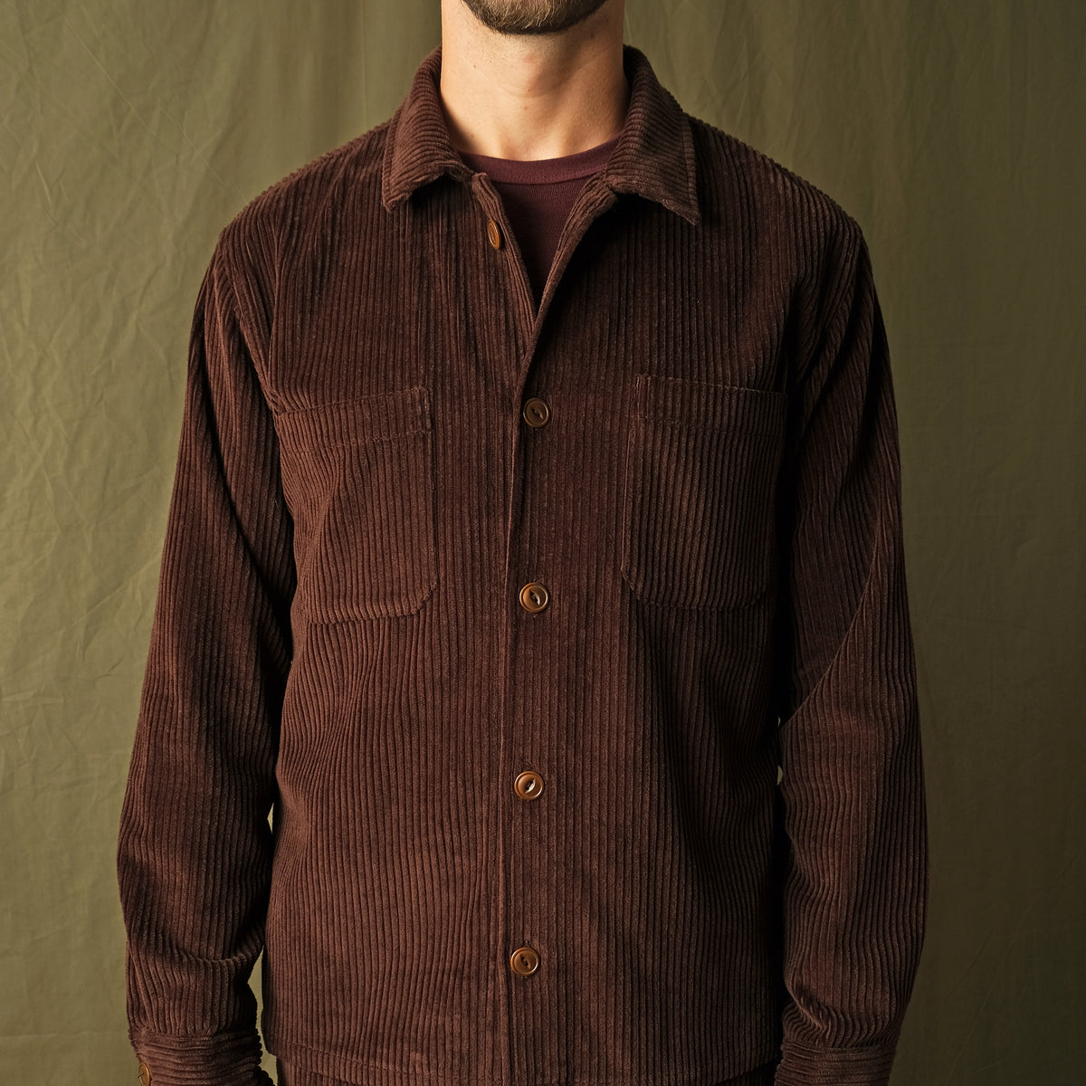 Men's mocha brown wide-wale corduroy club shirt, button front and two chest pockets