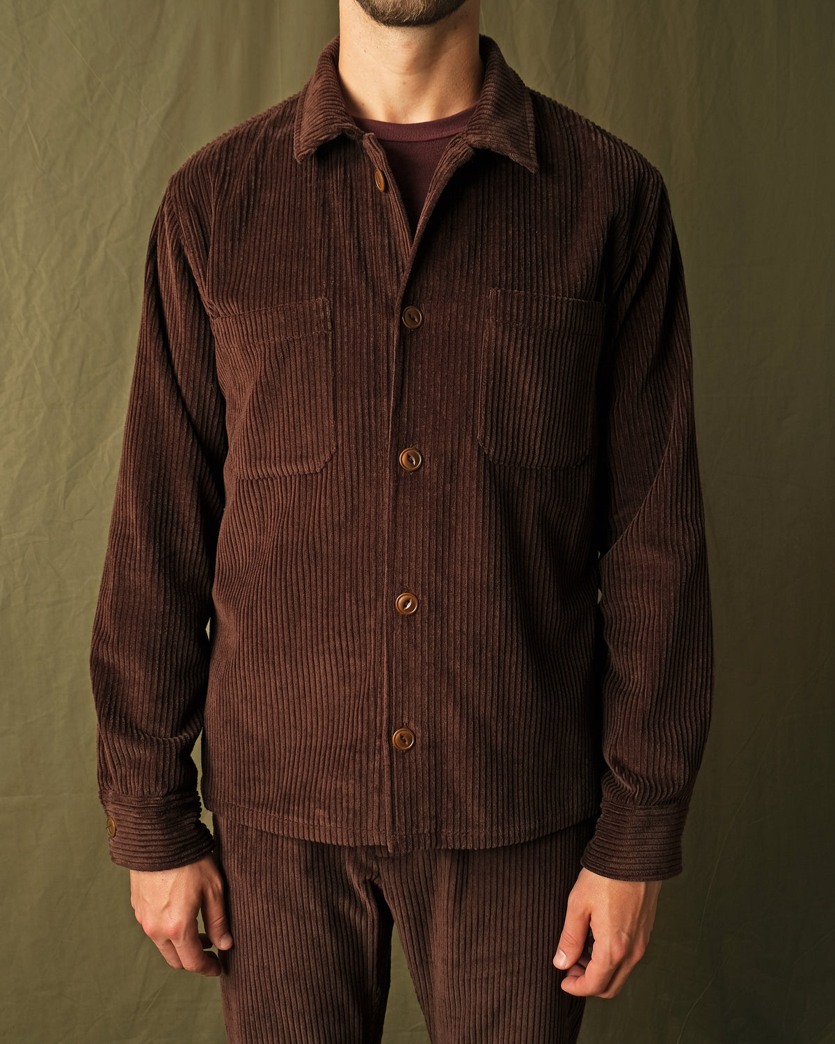 Men's mocha brown wide-wale corduroy club shirt, button front and two chest pockets