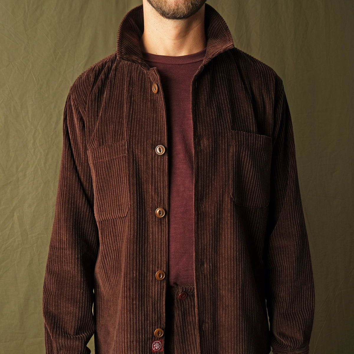Men's mocha brown corduroy club shirt, buttoned placket, chest pockets, stand collar