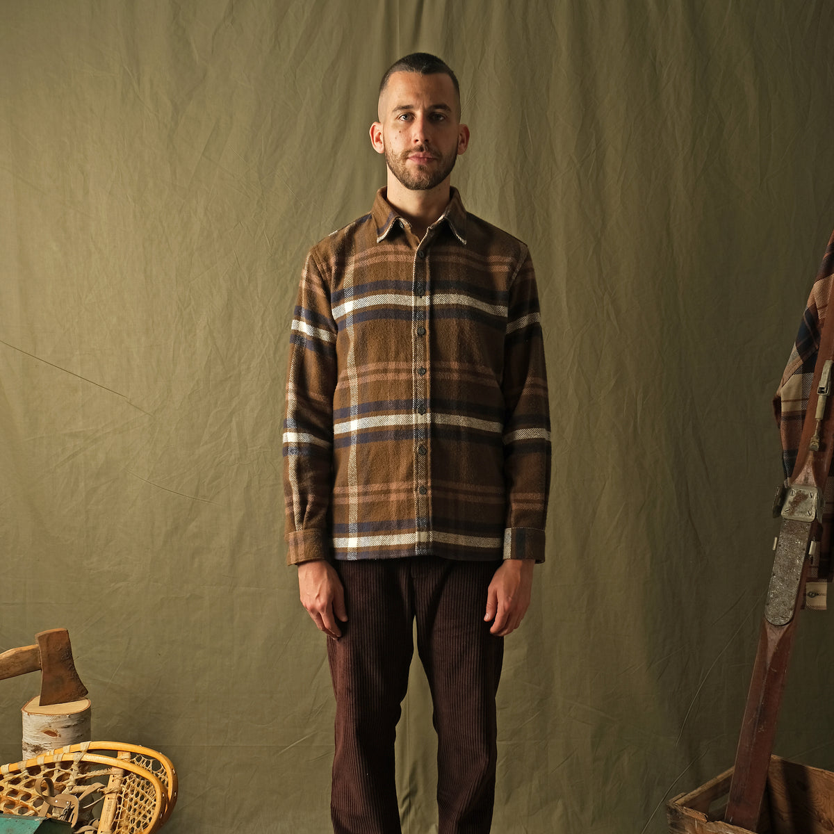 Plaid button-front easy shirt with long sleeves, brown and blue stripe pattern