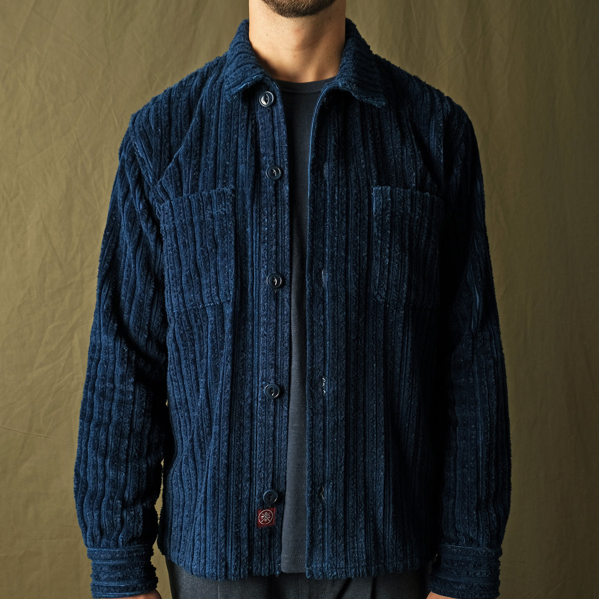 Navy jumbo corduroy button-up club shirt, button front and spread collar