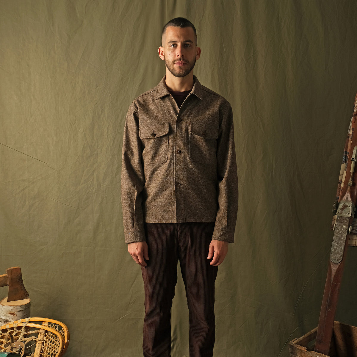 Men's wool camp shirt in hazel fleck brown with button front and chest pockets