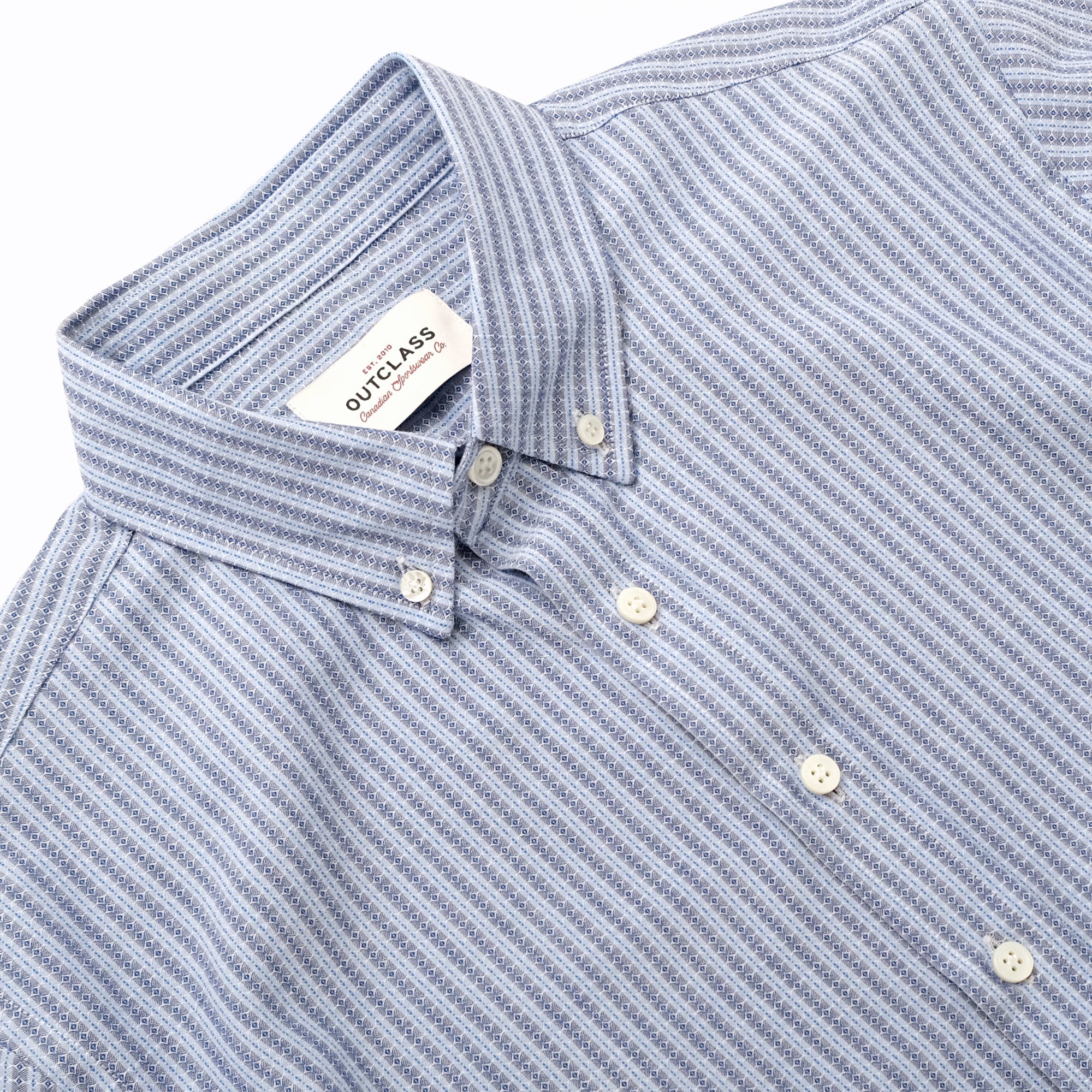 Light blue striped short-sleeve button-up shirt collar and button placket detail