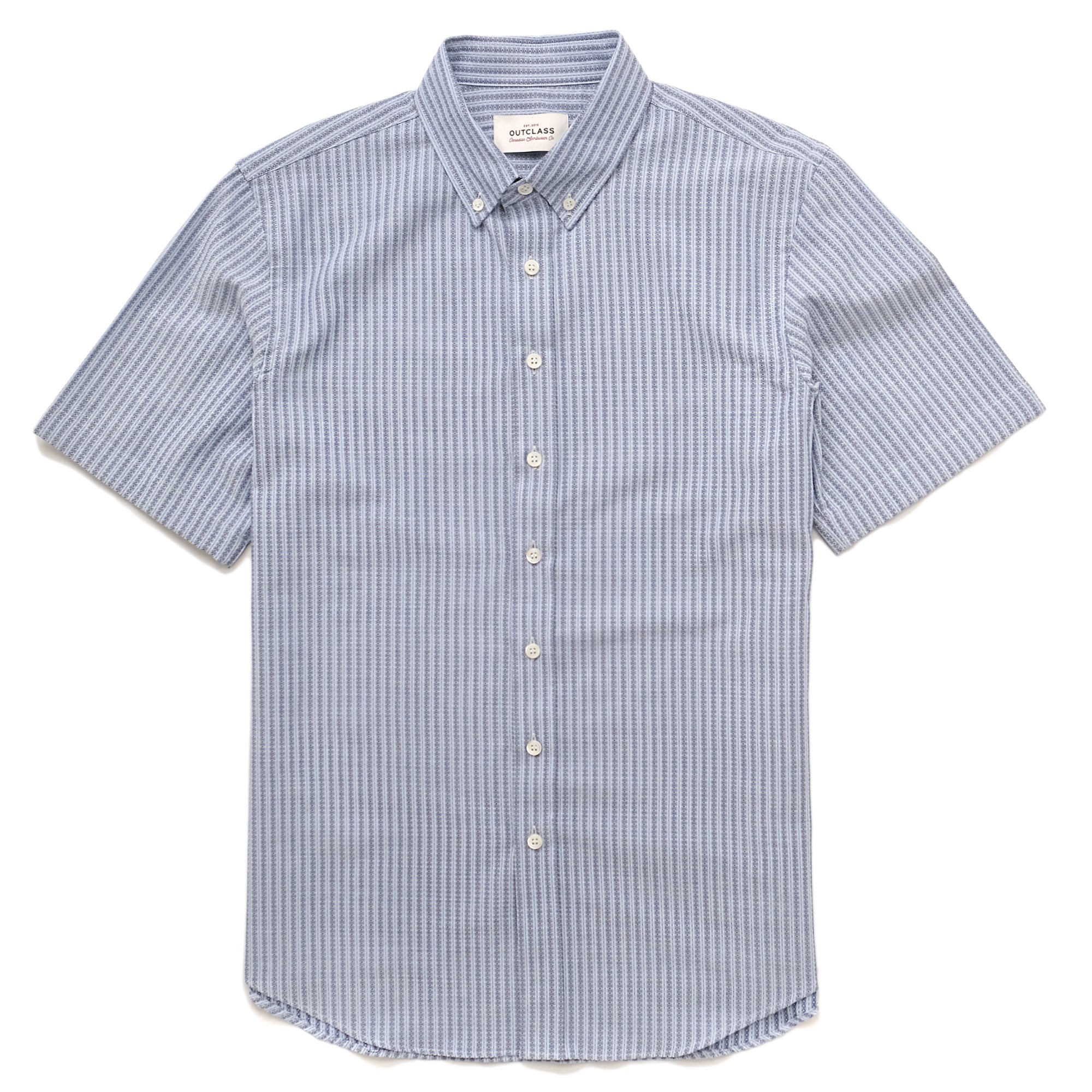 Men's light blue dobby stripe short-sleeve button-up shirt, front view