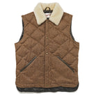 Brown diamond-quilted down vest with tan sherpa collar and front snap buttons