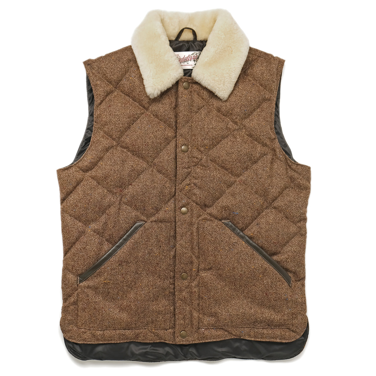 Brown diamond-quilted down vest with tan sherpa collar and front snap buttons