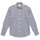 Navy-and-white striped dress shirt with spread collar and button front