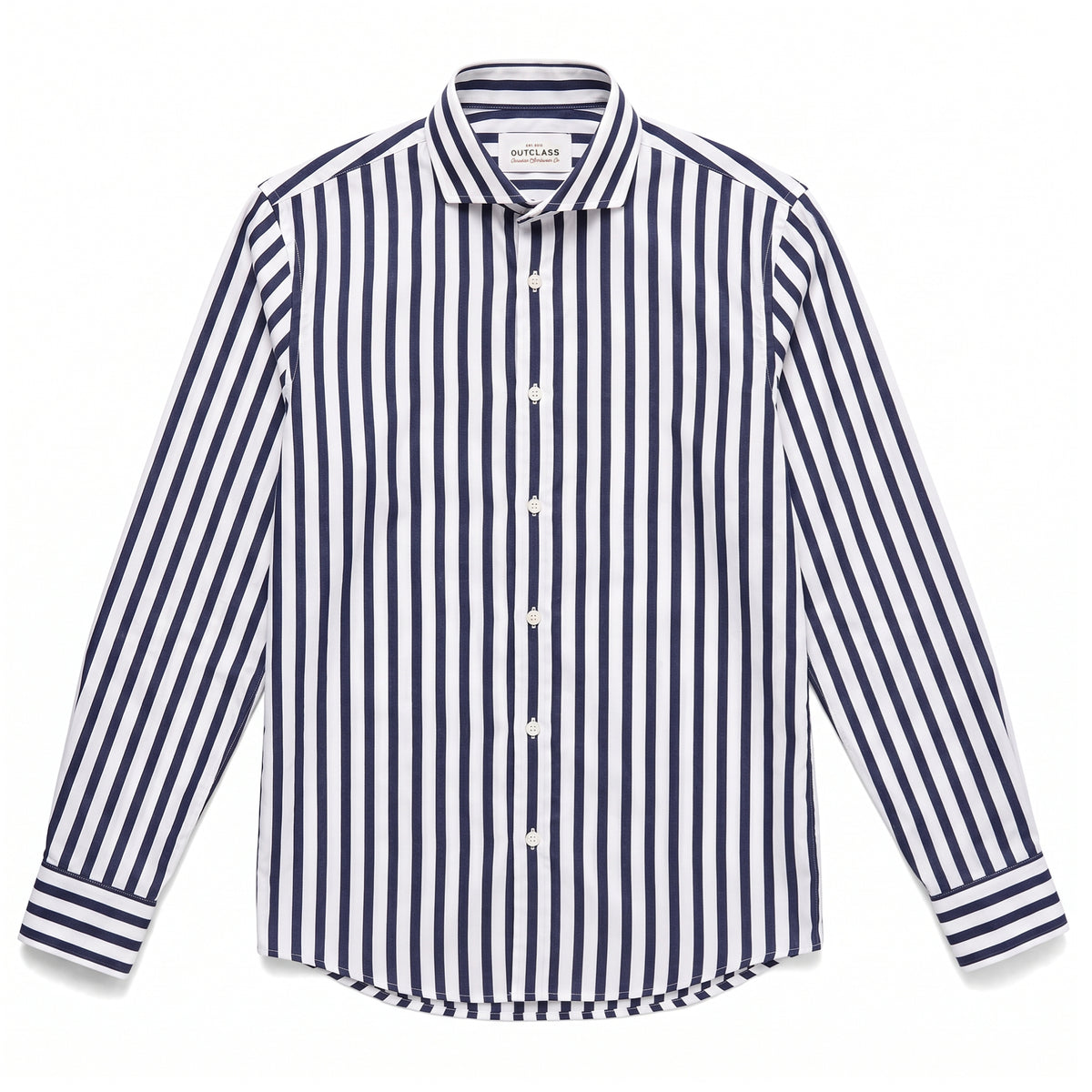 Navy-and-white striped dress shirt with spread collar and button front